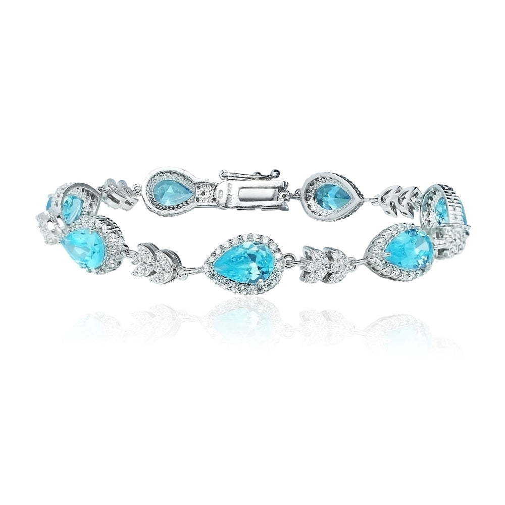 Sterling Silver Light Blue Cubic Zirconia Halo Teardrop Bracelet