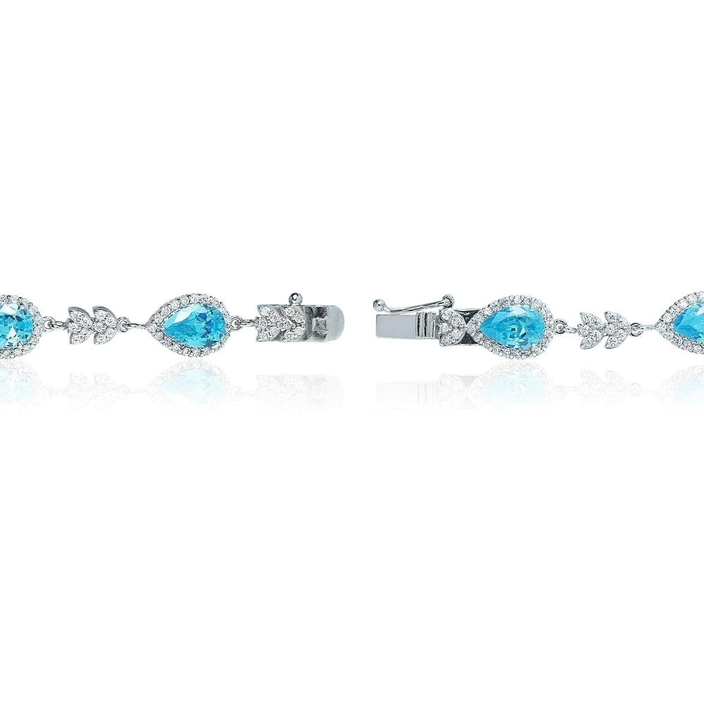 Sterling Silver Light Blue Cubic Zirconia Halo Teardrop Bracelet-2