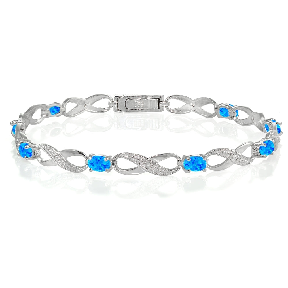 Sterling Silver Created Blue Opal and Diamond Accent Infinity Link Bracelet