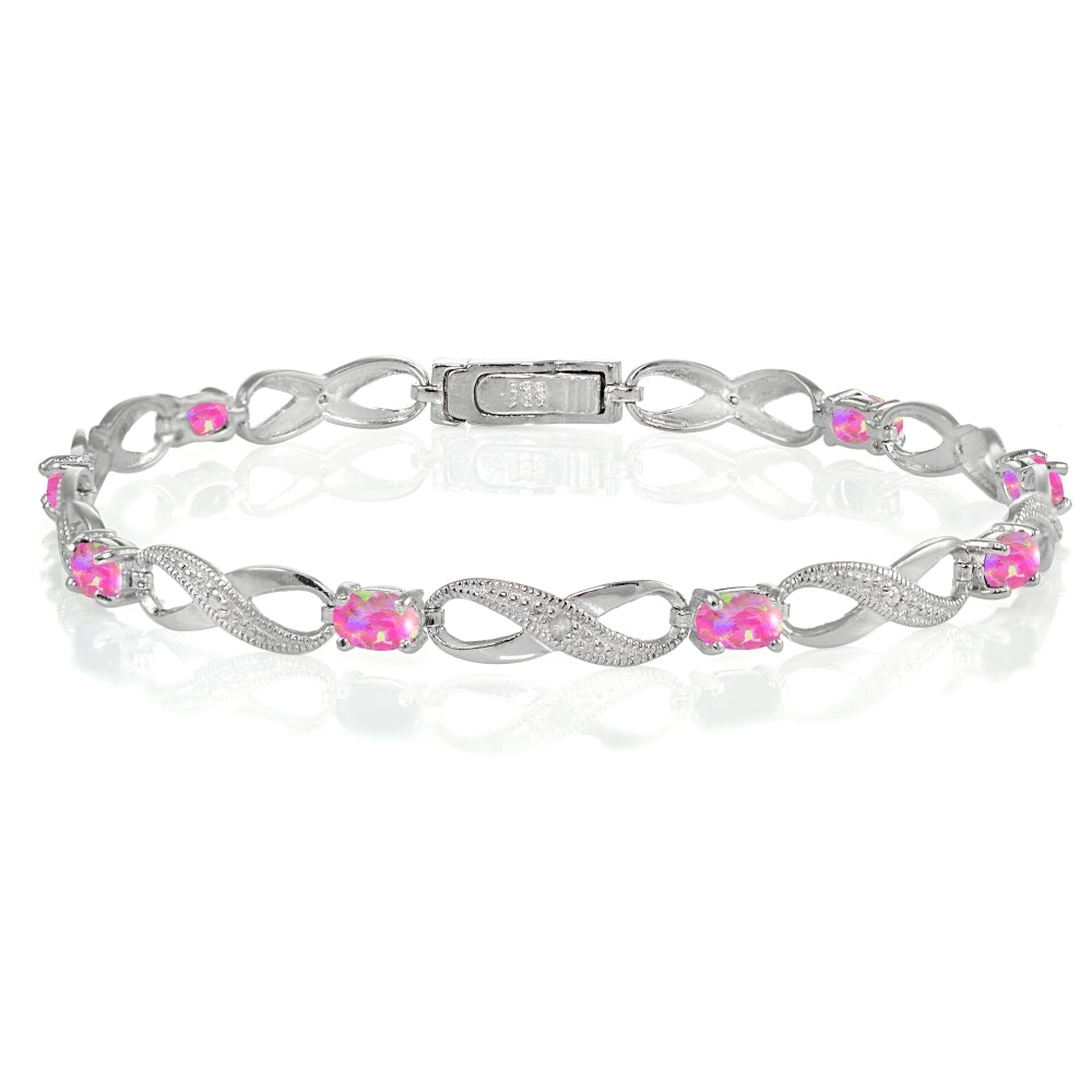 Sterling Silver Created Pink Opal and Diamond Accent Infinity Link Bracelet