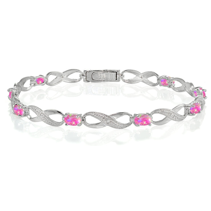 Sterling Silver Created Pink Opal and Diamond Accent Infinity Link Bracelet