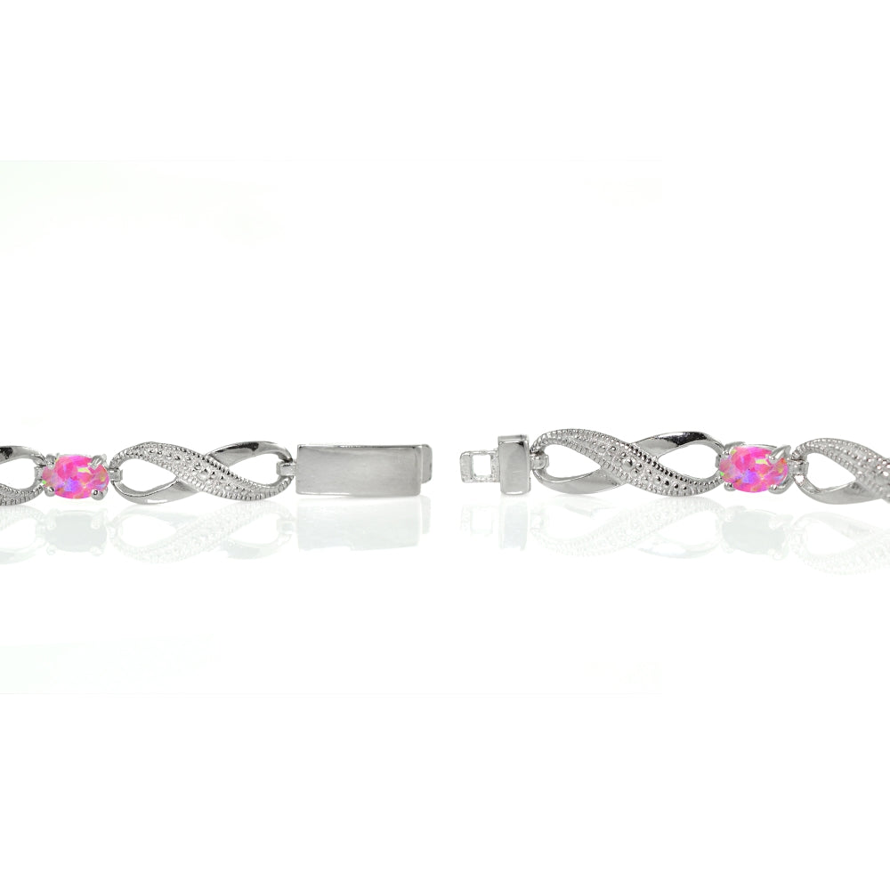 Sterling Silver Created Pink Opal and Diamond Accent Infinity Link Bracelet-2