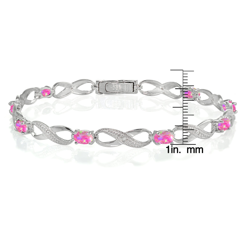 Sterling Silver Created Pink Opal and Diamond Accent Infinity Link Bracelet-3
