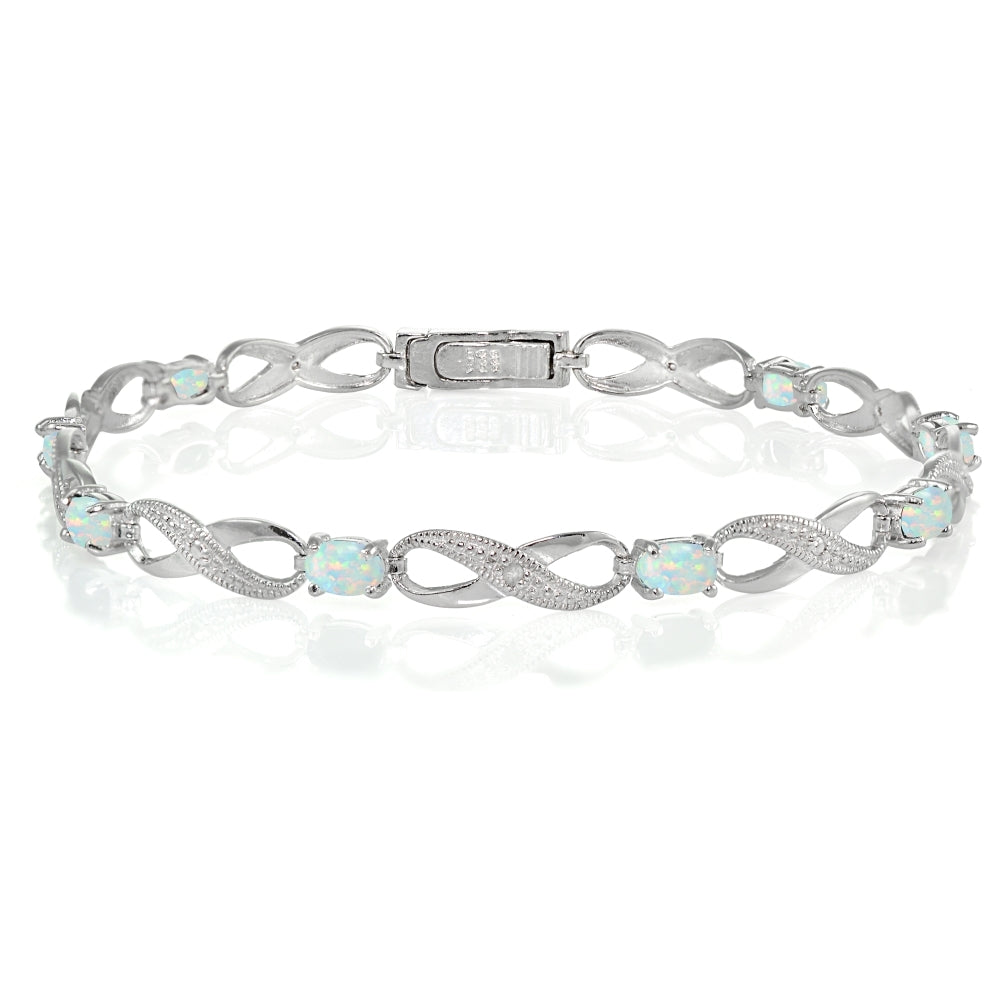 Sterling Silver Created White Opal and Diamond Accent Infinity Link Bracelet