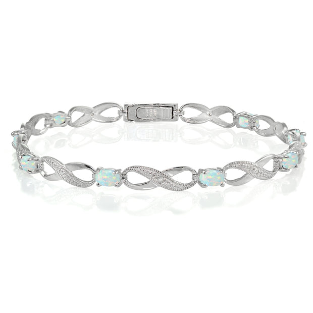 Sterling Silver Created White Opal and Diamond Accent Infinity Link Bracelet