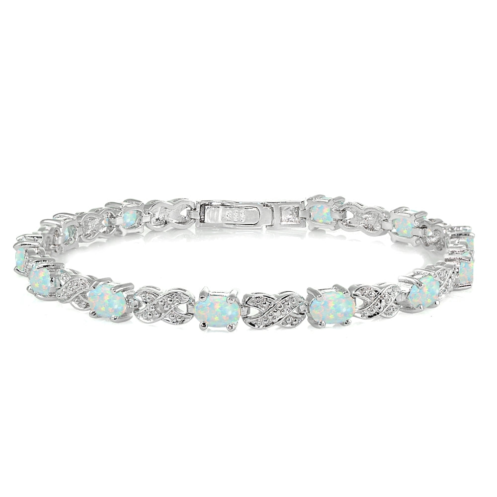 Sterling Silver Created White Opal and Diamond Accent Infinity  X & Oval Tennis Bracelet