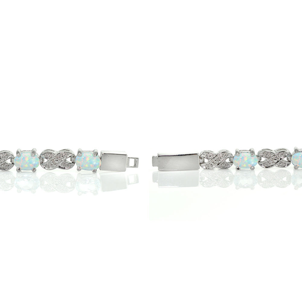 Sterling Silver Created White Opal and Diamond Accent Infinity  X & Oval Tennis Bracelet-2