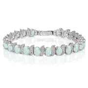 Sterling Silver Created White Opal and Diamond Accent Oval and S Tennis Bracelet