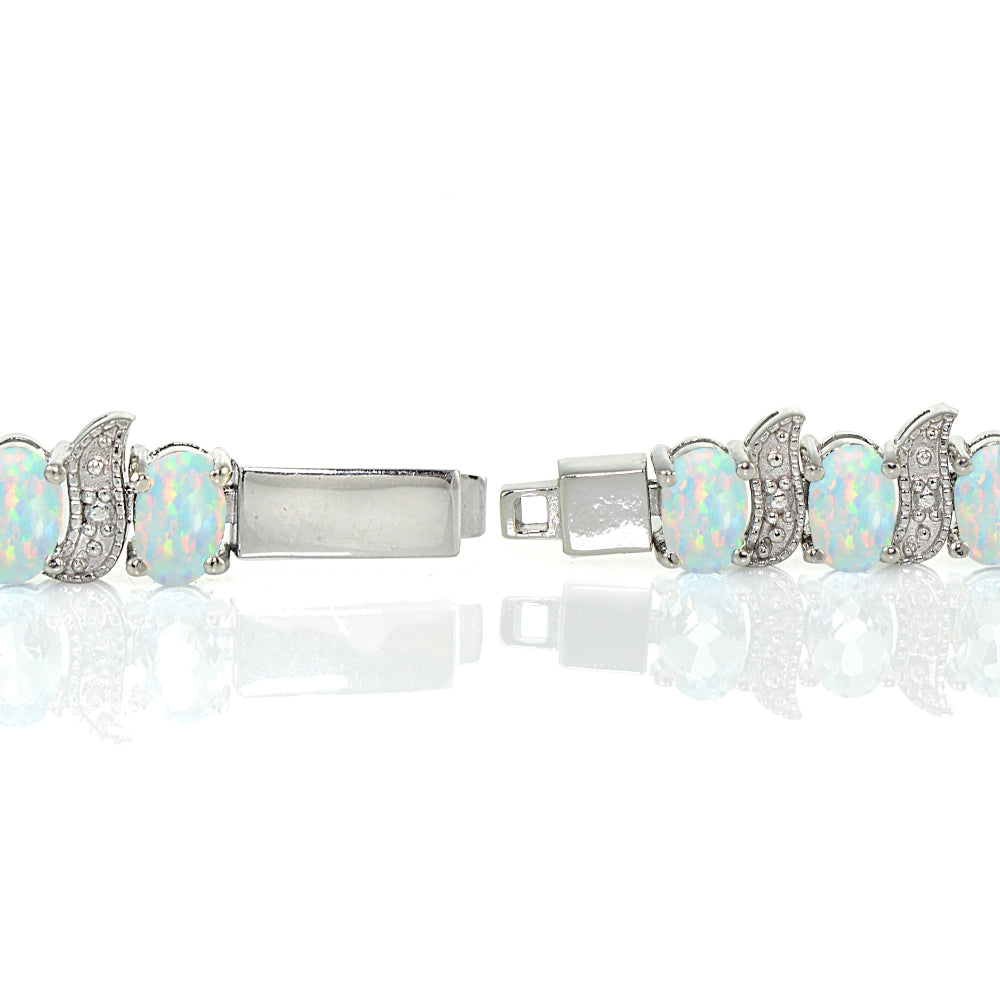Sterling Silver Created White Opal and Diamond Accent Oval and S Tennis Bracelet-2