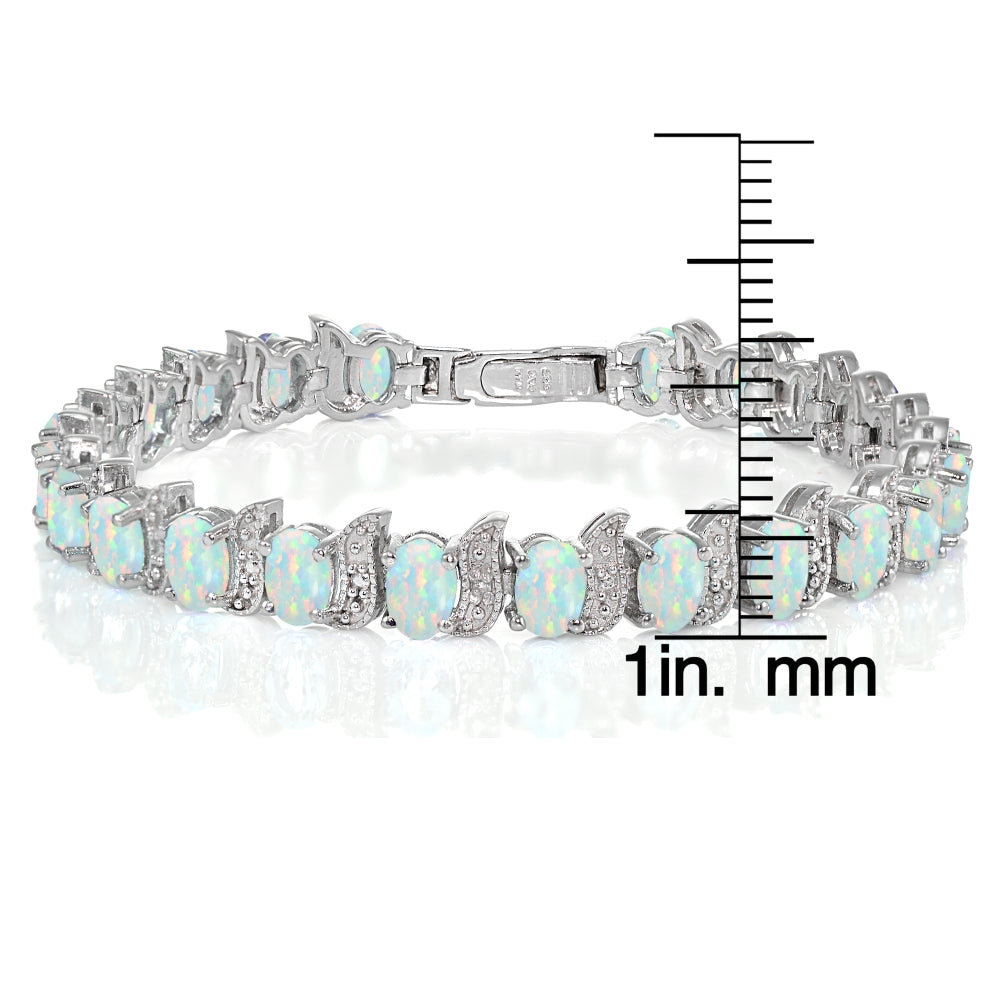 Sterling Silver Created White Opal and Diamond Accent Oval and S Tennis Bracelet-3