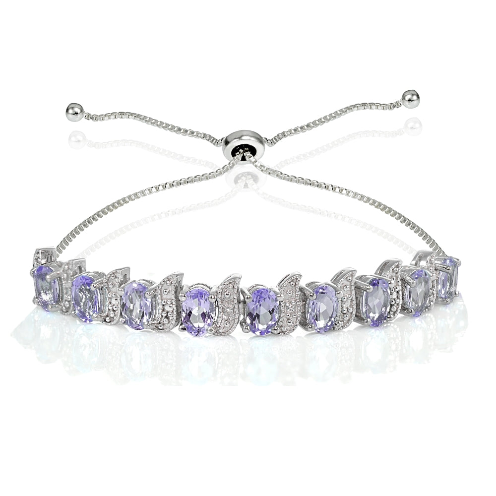 Sterling Silver Amethyst and Diamond Accent Oval & S Adjustable Tennis Bracelet