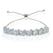 Sterling Silver Blue Topaz and Diamond Accent Oval & S Adjustable Tennis Bracelet