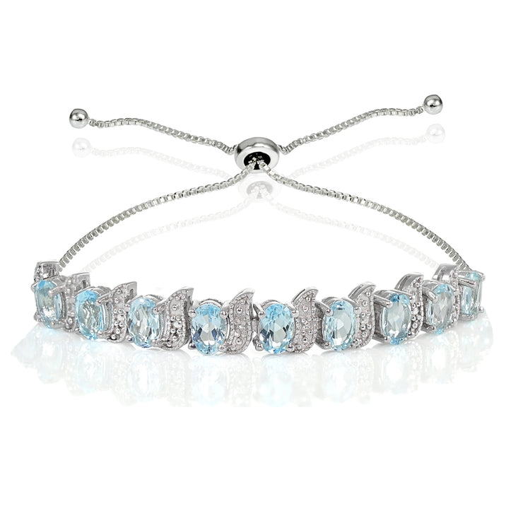 Sterling Silver Blue Topaz and Diamond Accent Oval & S Adjustable Tennis Bracelet