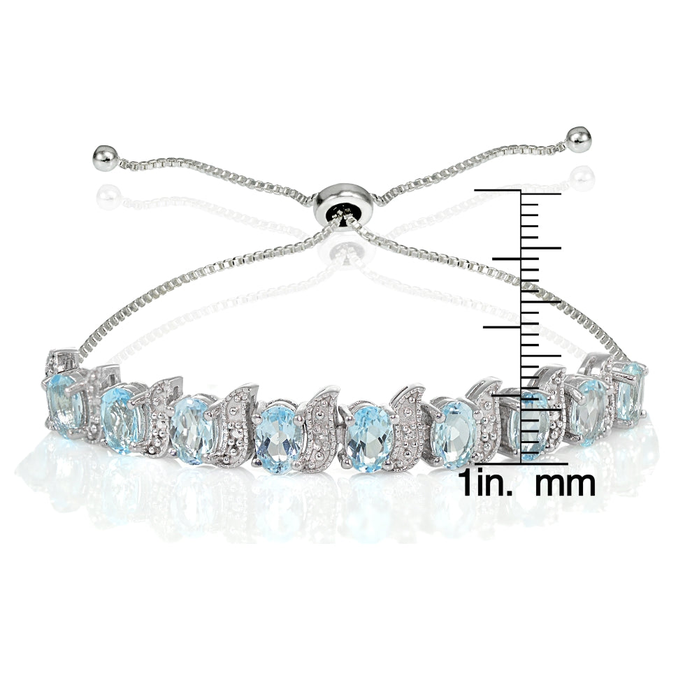 Sterling Silver Blue Topaz and Diamond Accent Oval & S Adjustable Tennis Bracelet-3