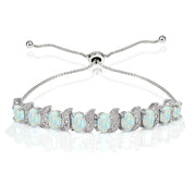 Sterling Silver Created White Opal and Diamond Accent Oval & S Adjustable Tennis Bracelet
