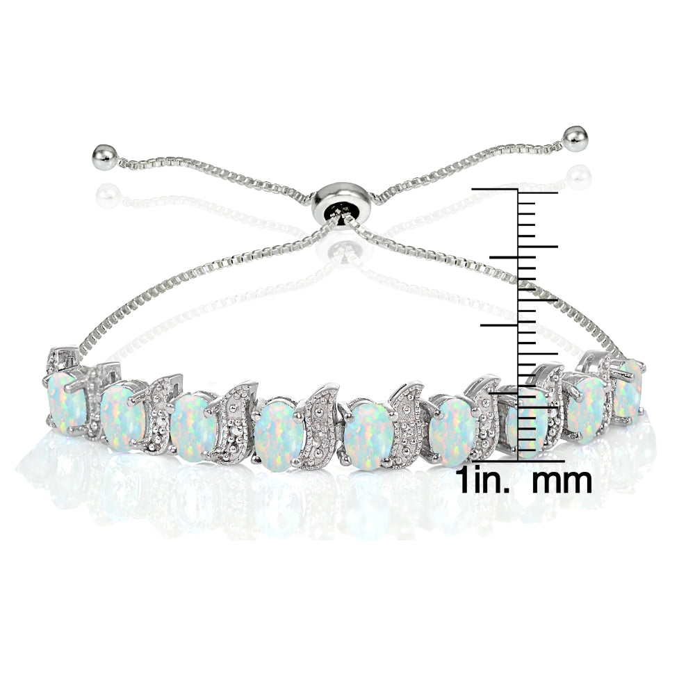 Sterling Silver Created White Opal and Diamond Accent Oval & S Adjustable Tennis Bracelet-3
