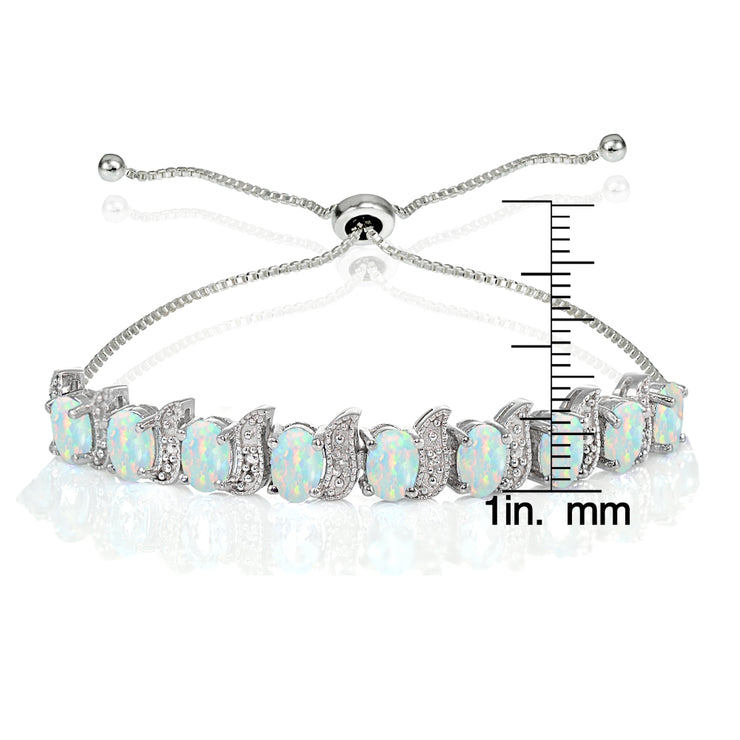Sterling Silver Created White Opal and Diamond Accent Oval & S Adjustable Tennis Bracelet