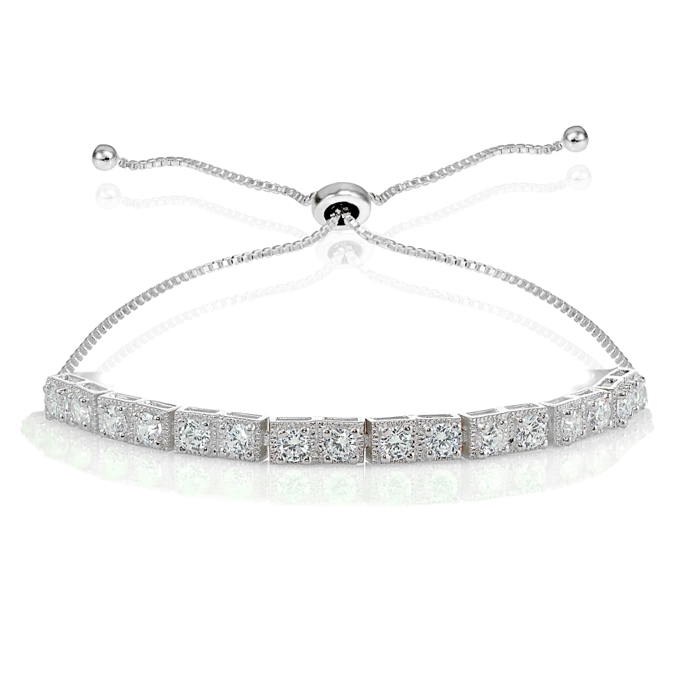Sterling Silver 3mm Cubic Zirconia Classic Bar Adjustable Tennis Bracelet