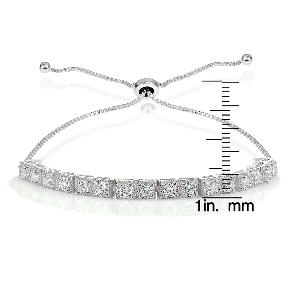 Sterling Silver 3mm Cubic Zirconia Classic Bar Adjustable Tennis Bracelet-3