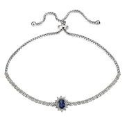 Sterling Silver Created Blue Sapphire Flower Tennis Adjustable Bolo Bracelet
