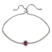 Sterling Silver Created Ruby Flower Tennis Adjustable Bolo Bracelet