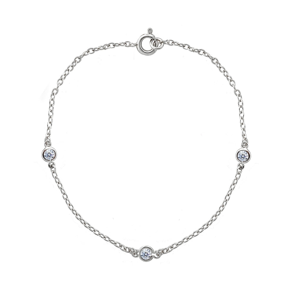 Sterling Silver CZ Station Dainty Chain Bracelet, 7 Inches