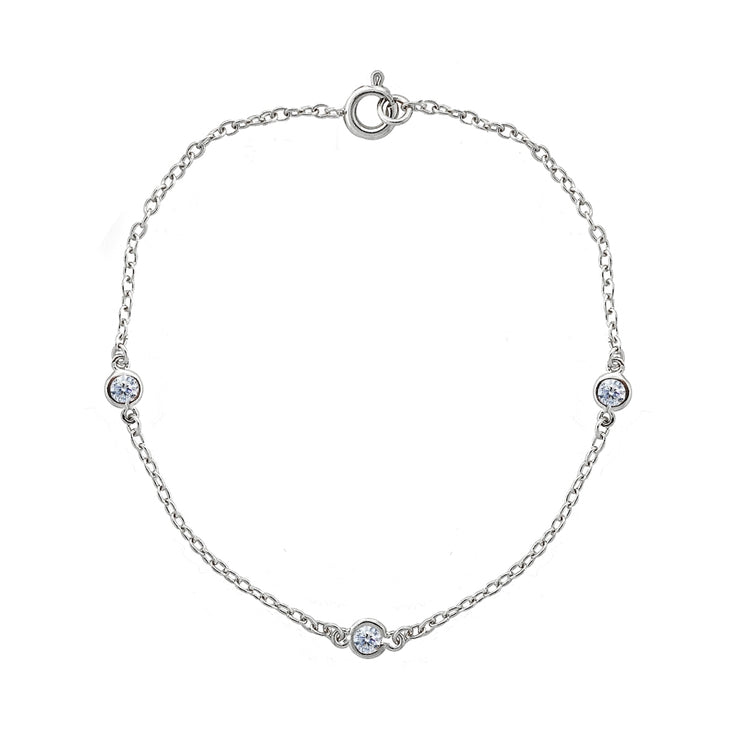 Sterling Silver CZ Station Dainty Chain Bracelet, 7 Inches