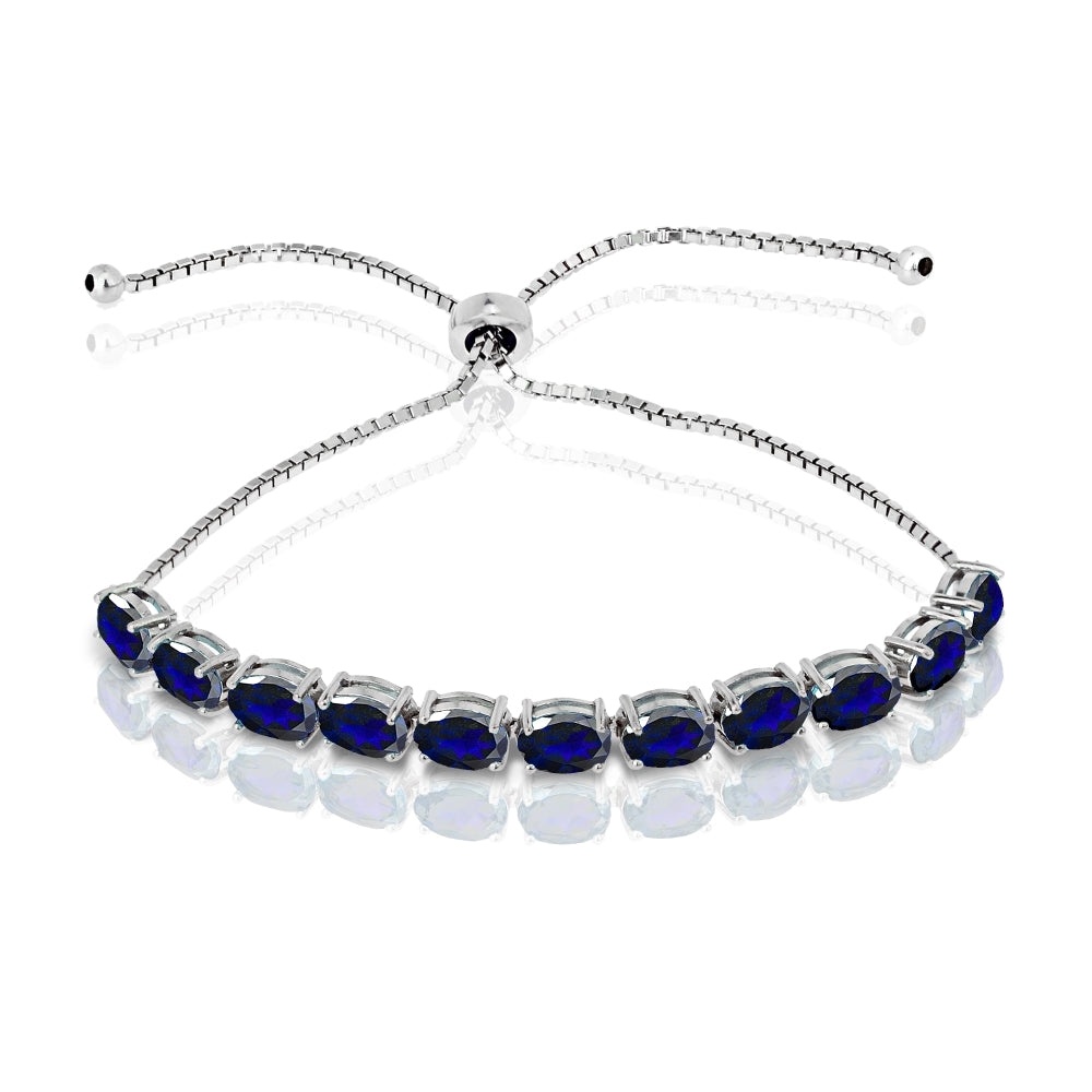 Sterling Silver Created Blue Sapphire 7x5mm Oval-cut Adjustable Tennis Bracelet