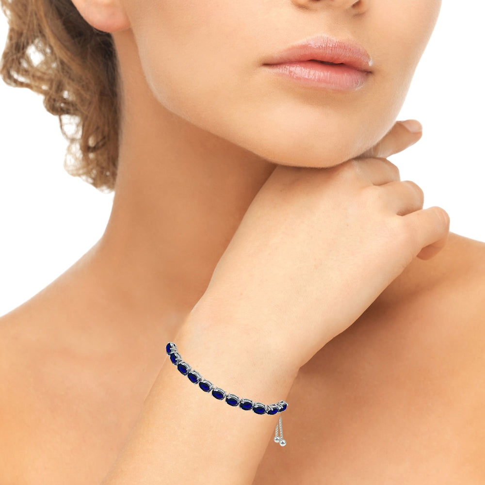 Sterling Silver Created Blue Sapphire 7x5mm Oval-cut Adjustable Tennis Bracelet-2