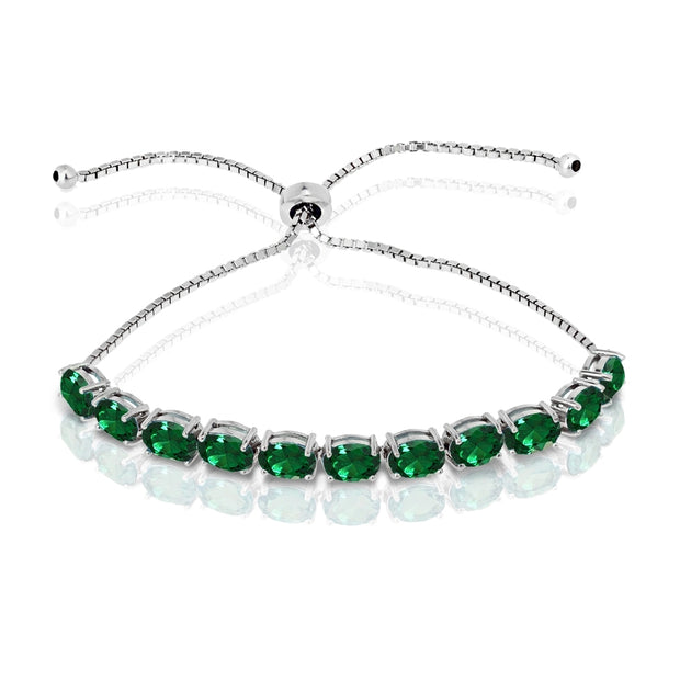 Sterling Silver Created Emerald 7x5mm Oval-cut Adjustable Tennis Bracelet