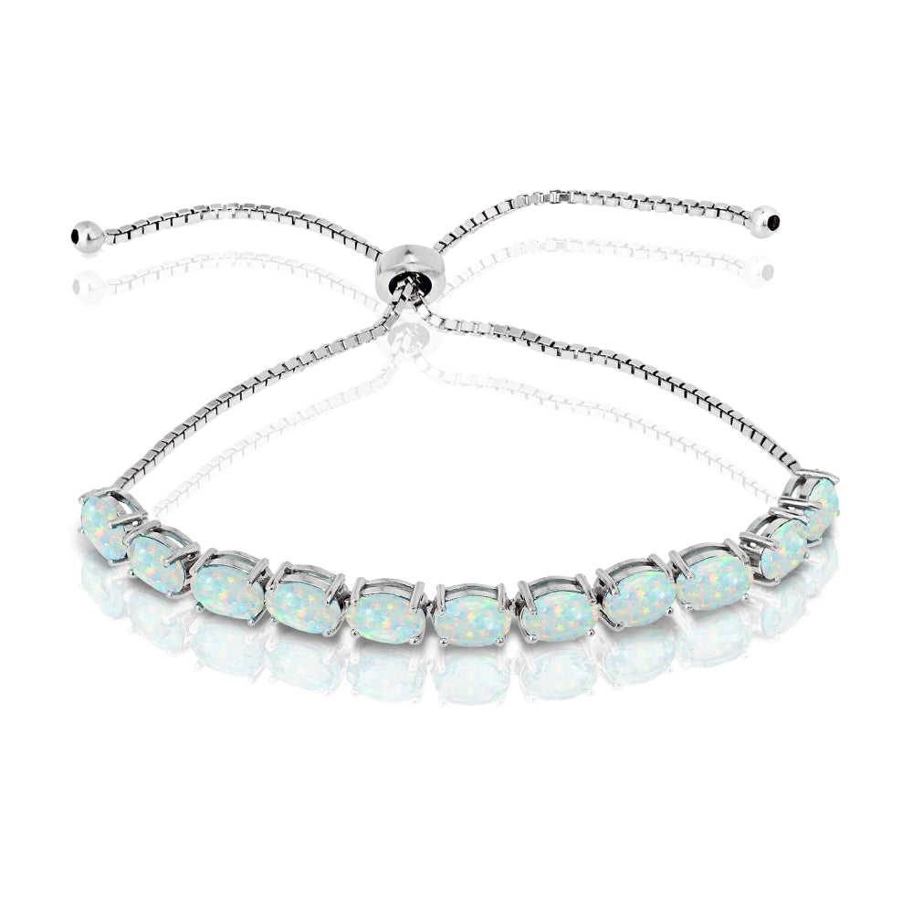 Sterling Silver Created White Opal 7x5mm Oval-cut Adjustable Tennis Bracelet
