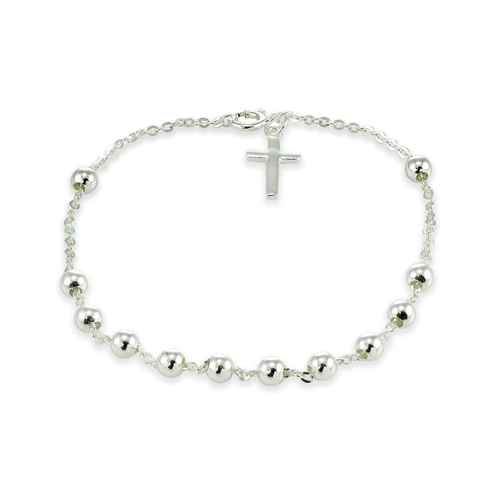 Sterling Silver Bead Station Cross Chain Bracelet