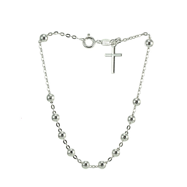 Sterling Silver Bead Station Cross Chain Bracelet