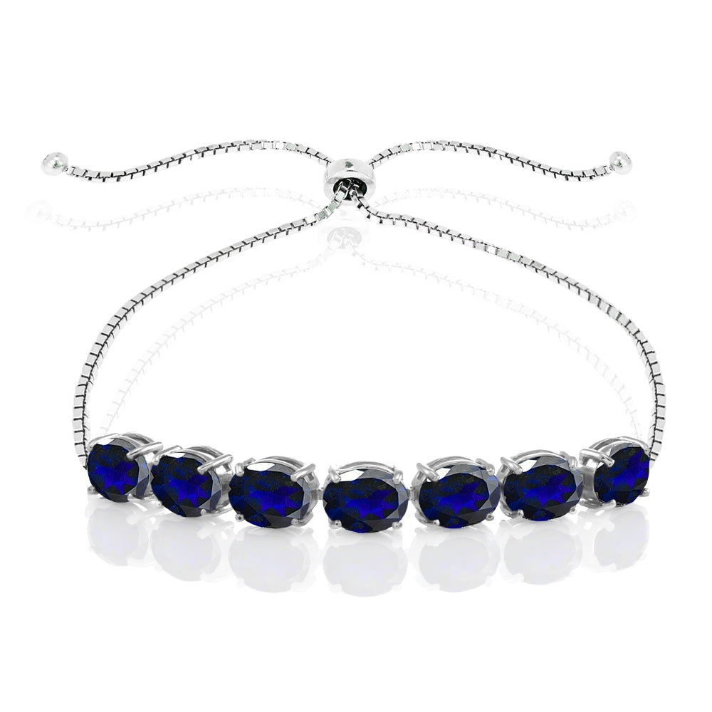 Sterling Silver Created Blue Sapphire 9x7mm Oval-cut Adjustable Bracelet