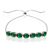 Sterling Silver Created Emerald 9x7mm Oval-cut Adjustable Bracelet