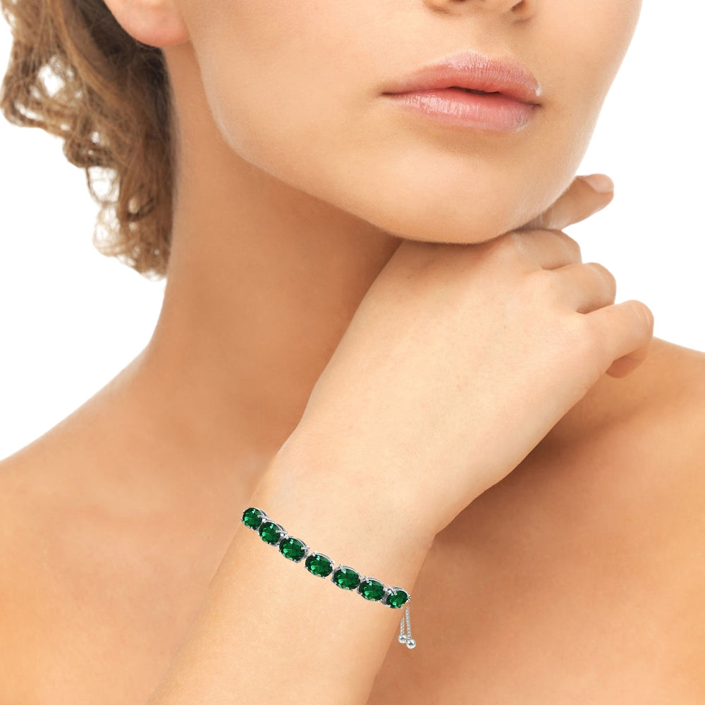 Sterling Silver Created Emerald 9x7mm Oval-cut Adjustable Bracelet-2