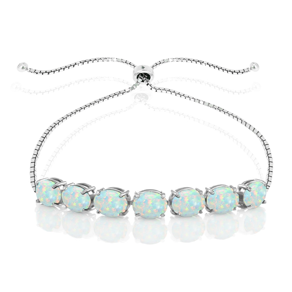 Sterling Silver Created White Opal 9x7mm Oval-cut Adjustable Bracelet