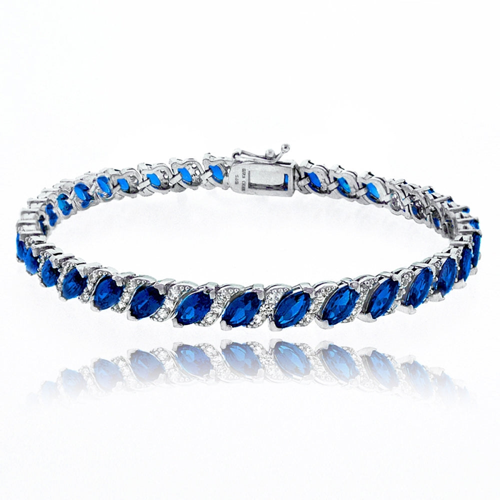 Sterling Silver Created Blue Sapphire Marquise-cut 6x3mm Tennis Bracelet with White Topaz Accents