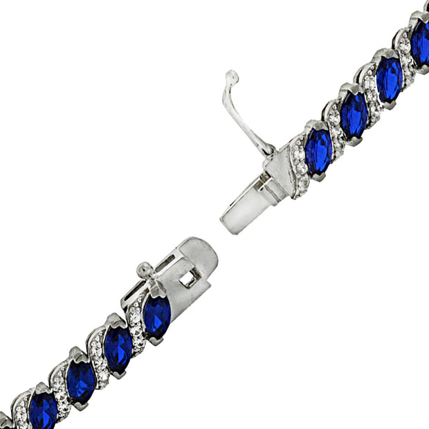 Sterling Silver Created Blue Sapphire Marquise-cut 6x3mm Tennis Bracelet with White Topaz Accents