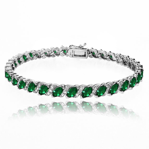 Sterling Silver Created Emerald Marquise-cut 6x3mm Tennis Bracelet with White Topaz Accents