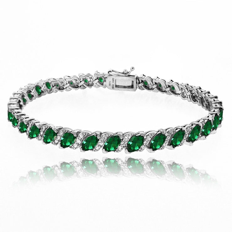 Sterling Silver Created Emerald Marquise-cut 6x3mm Tennis Bracelet with White Topaz Accents