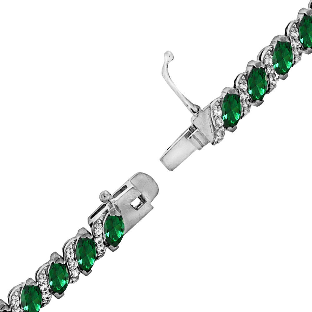 Sterling Silver Created Emerald Marquise-cut 6x3mm Tennis Bracelet with White Topaz Accents-3