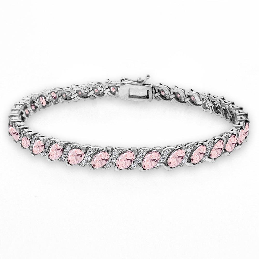 Sterling Silver Created Morganite Marquise-cut 6x3mm Tennis Bracelet with White Topaz Accents