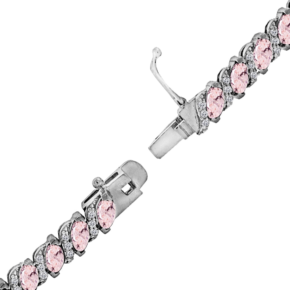 Sterling Silver Created Morganite Marquise-cut 6x3mm Tennis Bracelet with White Topaz Accents-2
