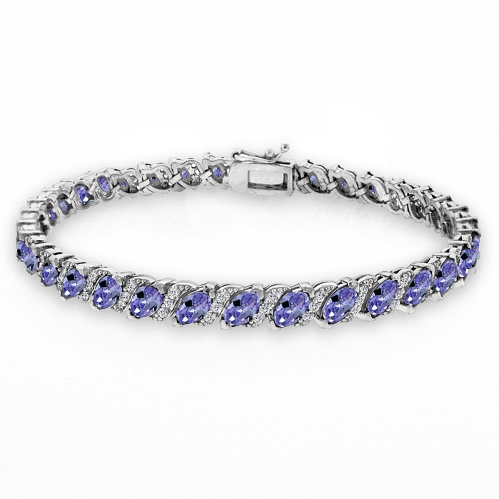 Sterling Silver Created Tanzanite Marquise-cut 6x3mm Tennis Bracelet with White Topaz Accents