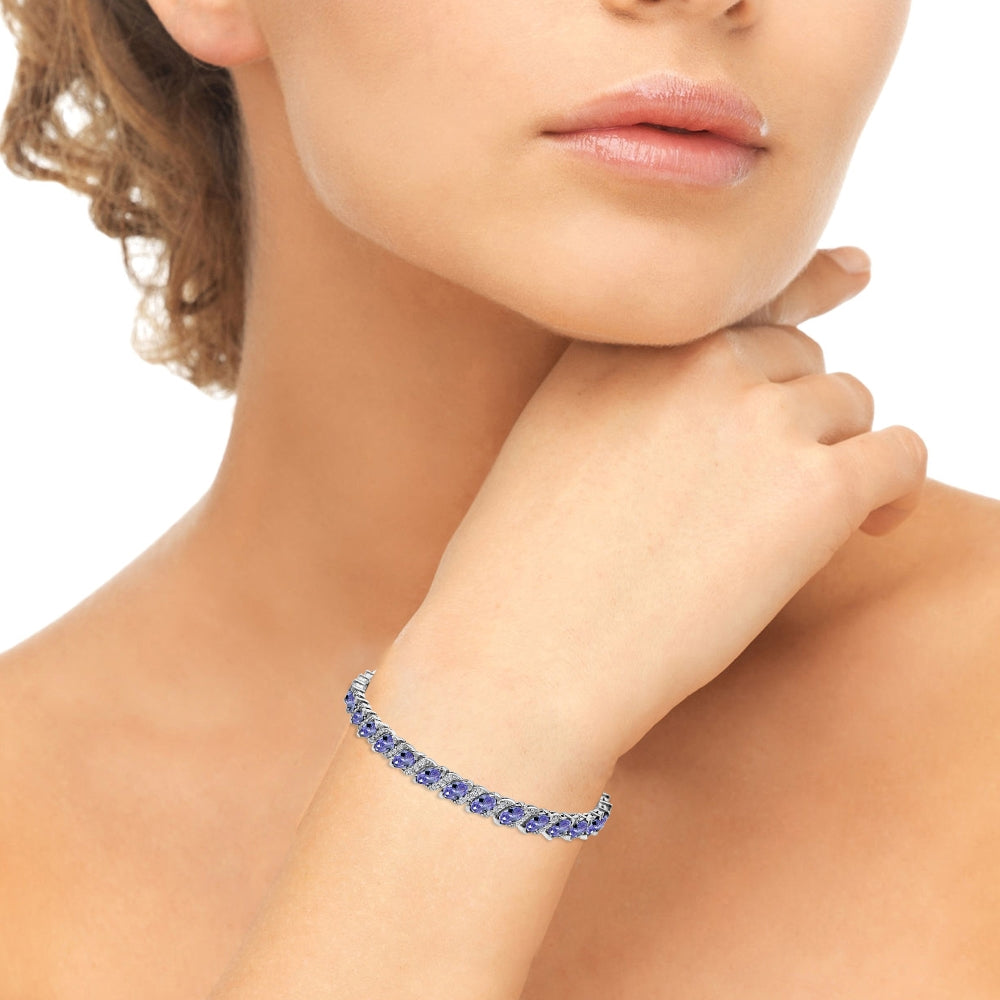 Sterling Silver Created Tanzanite Marquise-cut 6x3mm Tennis Bracelet with White Topaz Accents-3