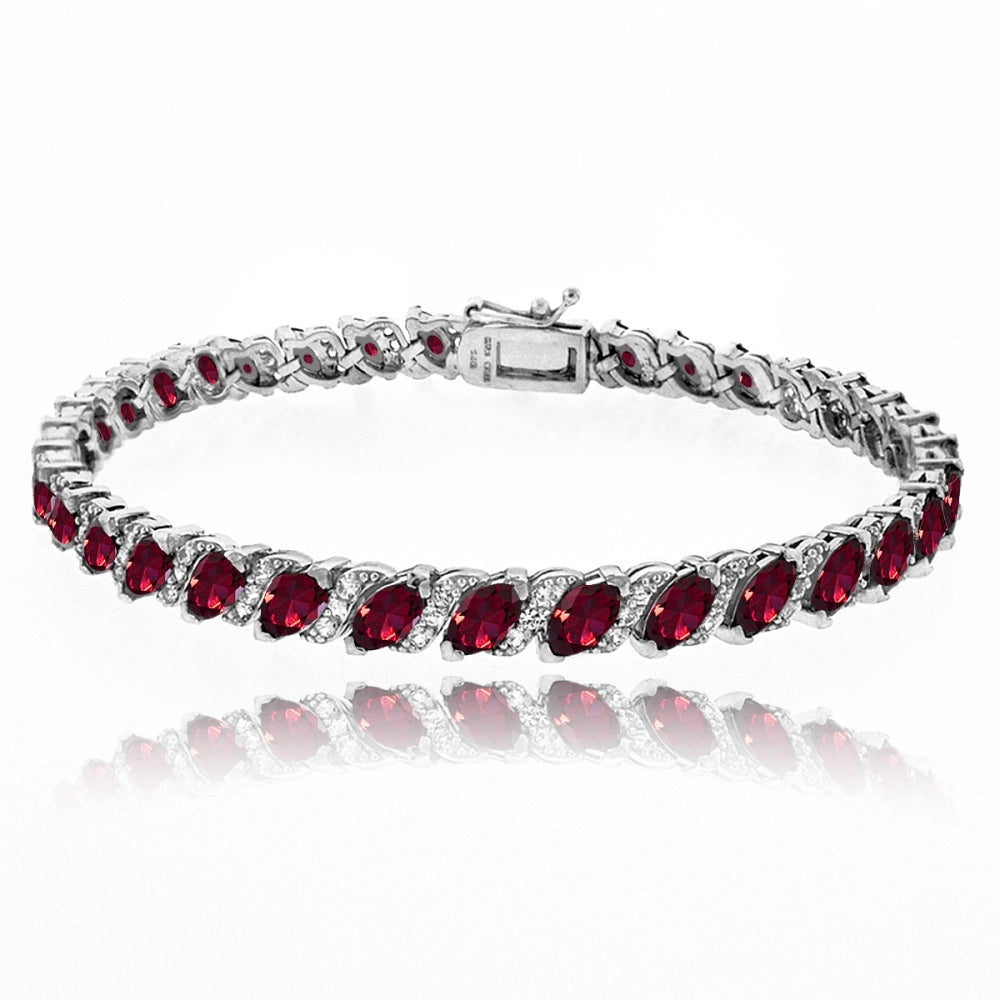 Sterling Silver Created Ruby Marquise-cut 6x3mm Tennis Bracelet with White Topaz Accents