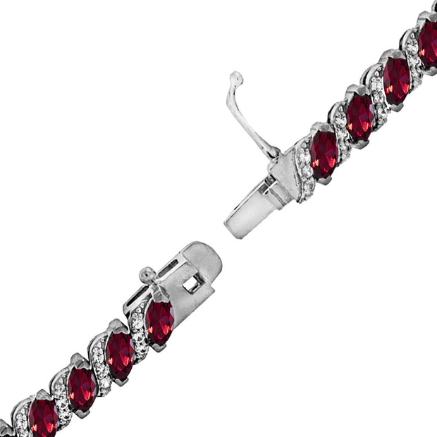Sterling Silver Created Ruby Marquise-cut 6x3mm Tennis Bracelet with White Topaz Accents