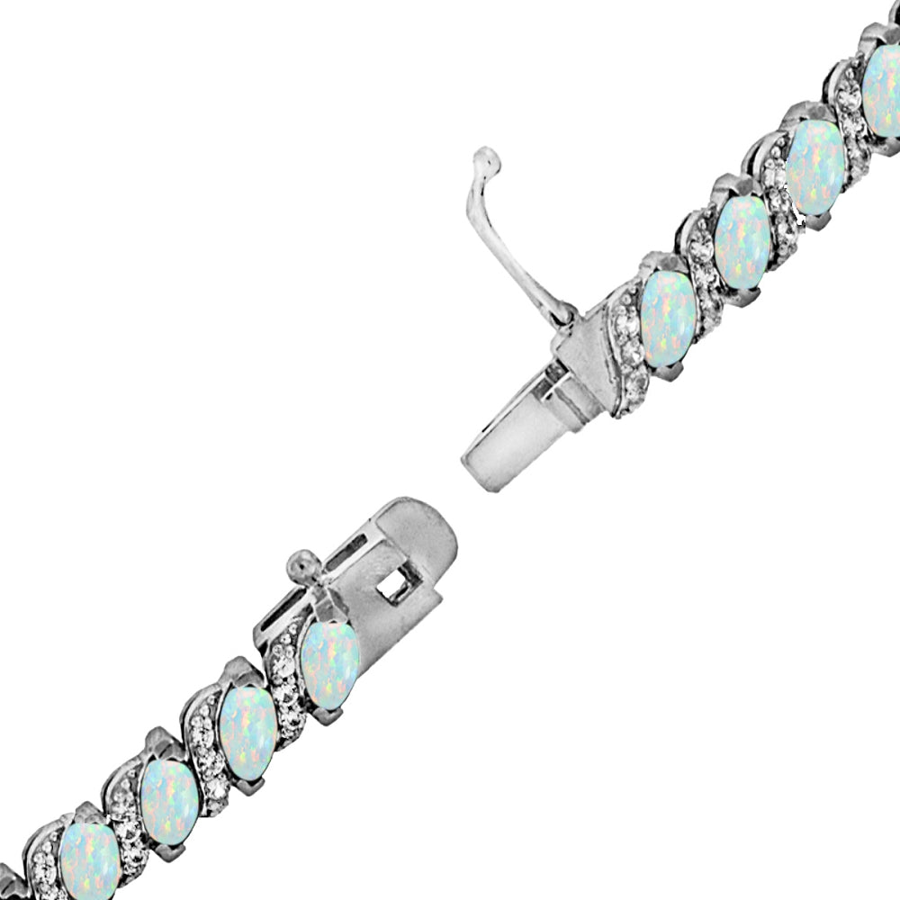 Sterling Silver Created White Opal Marquise-cut 6x3mm Tennis Bracelet with White Topaz Accents-3