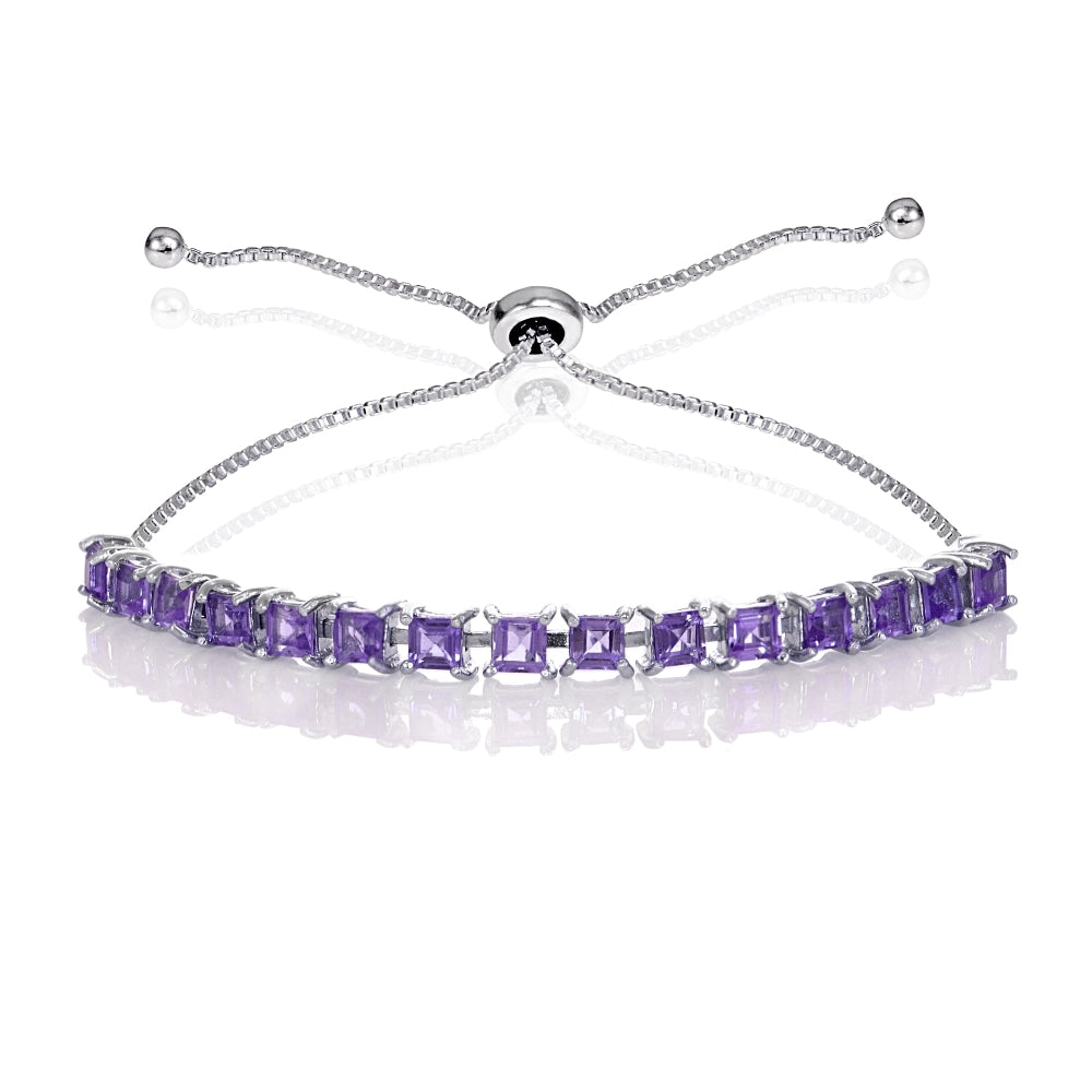 Sterling Silver Amethyst 3mm Princess-cut Adjustable Bolo Pull-string Tennis Bracelet